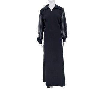 Vintage Maxi Dress Pleated Sheer Sleeves Black L